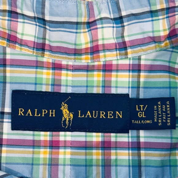 Ralph Lauren Plaid Button Down Shirt Mens Large Blue Short Sleeve Tall - Picture 2 of 9